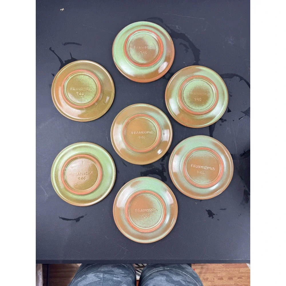 Vtg Frankoma Appetizer Plates Set‎ of 7 Brown Green Wagon Wheel Sunburst 6.5